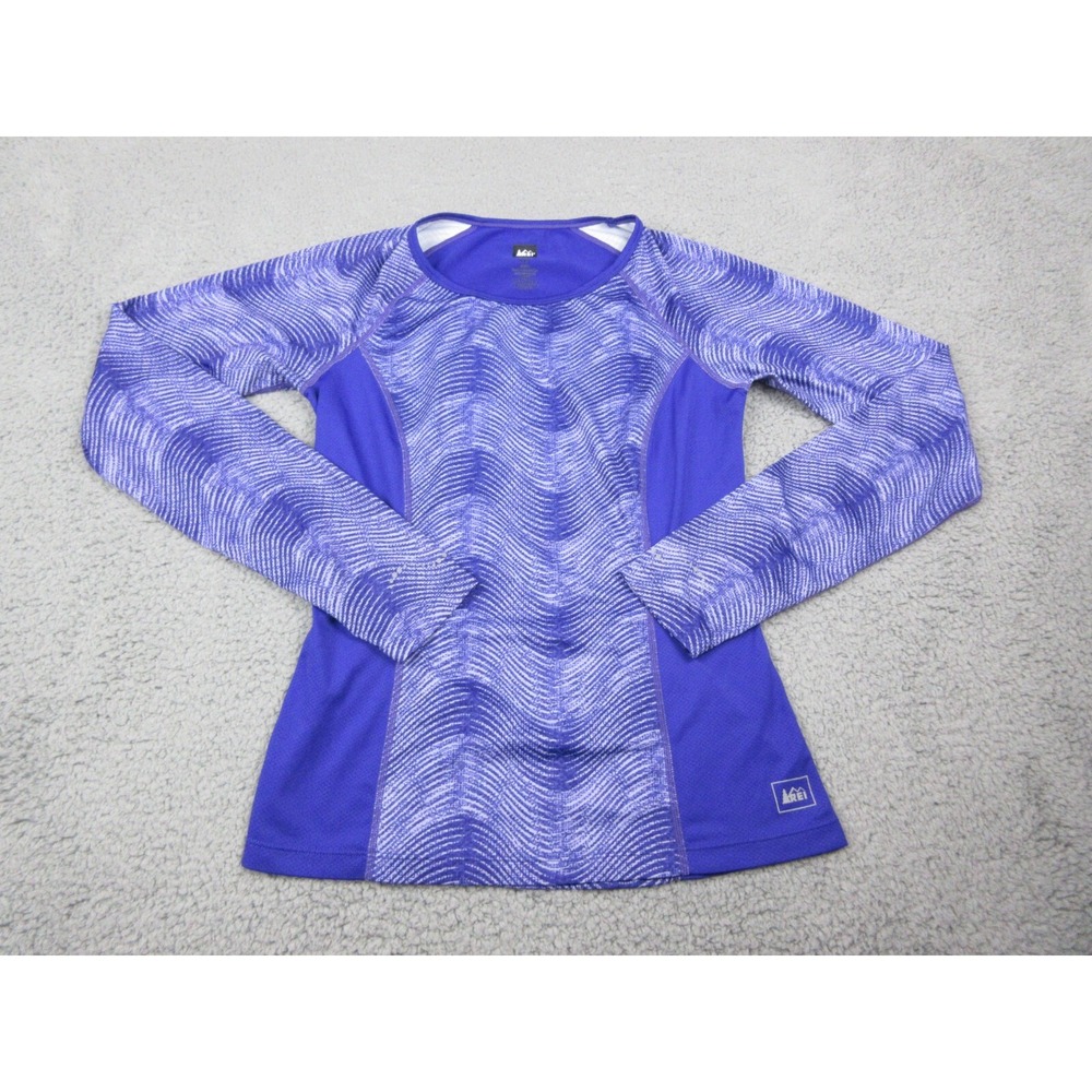 REI Shirt Womens XXS Purple Long Sleeve Crew Neck Geometric Stretch Athletic Top